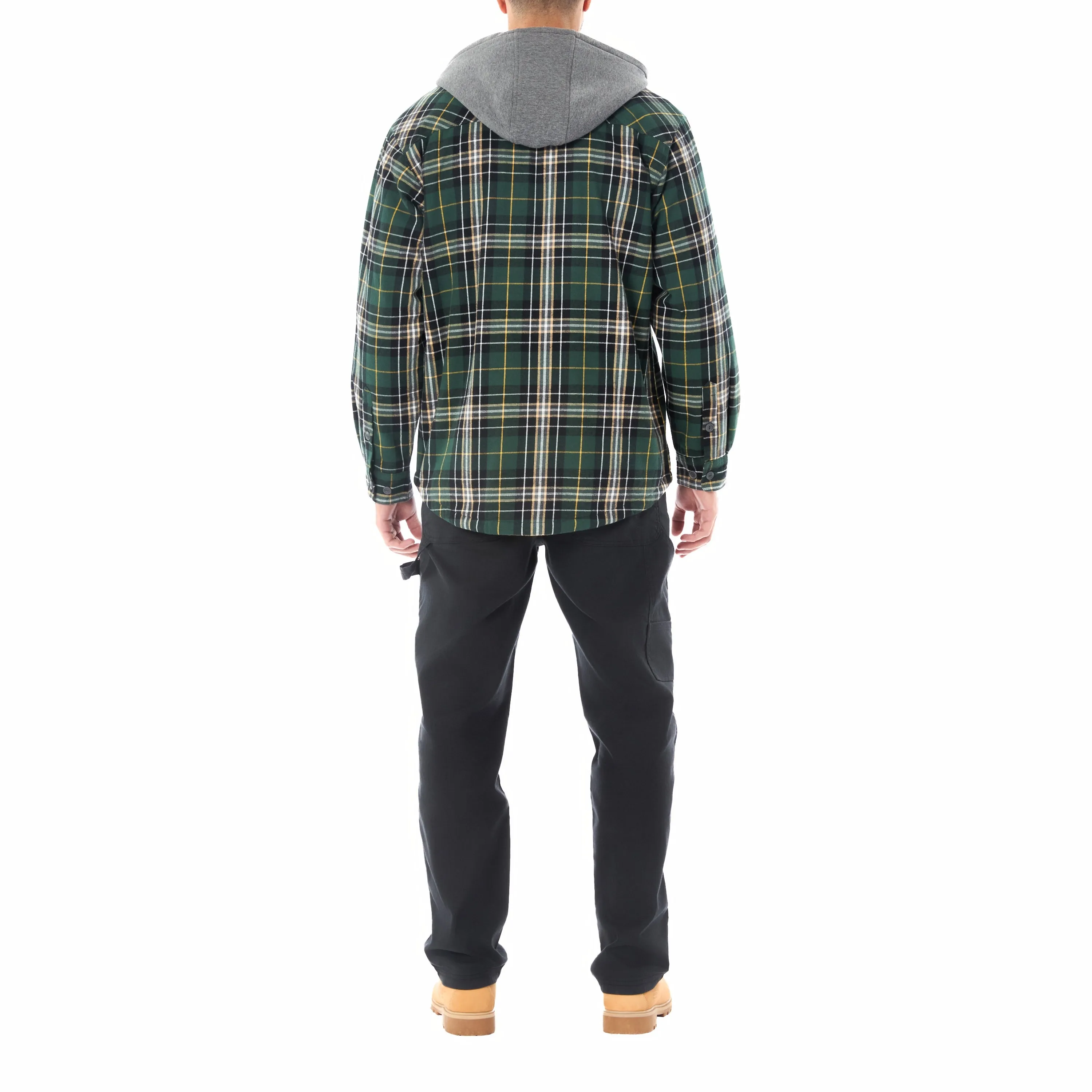 SHERPA LINED HOODED FLANNEL SHIRT JACKET WITH INSET