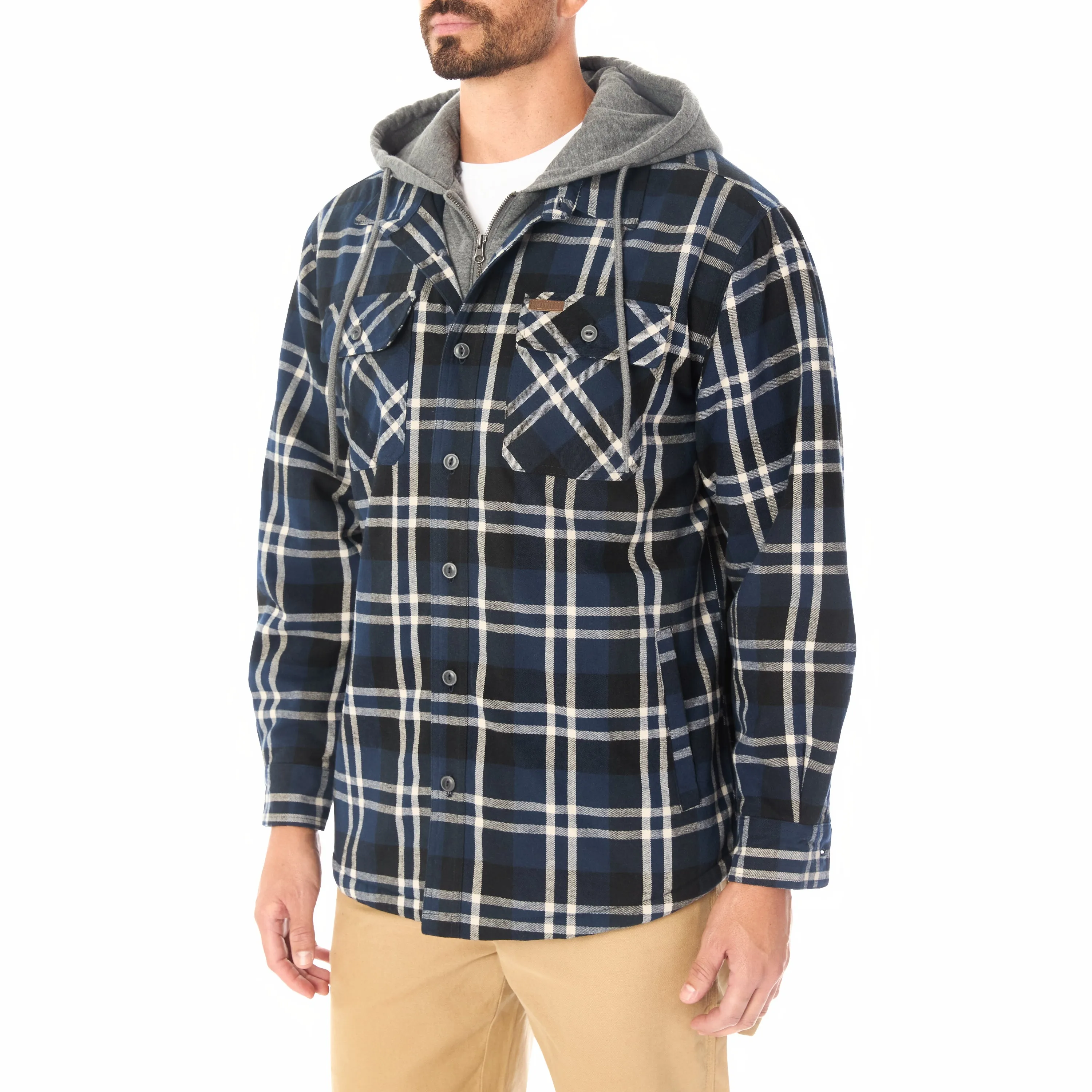 SHERPA LINED HOODED FLANNEL SHIRT JACKET WITH INSET