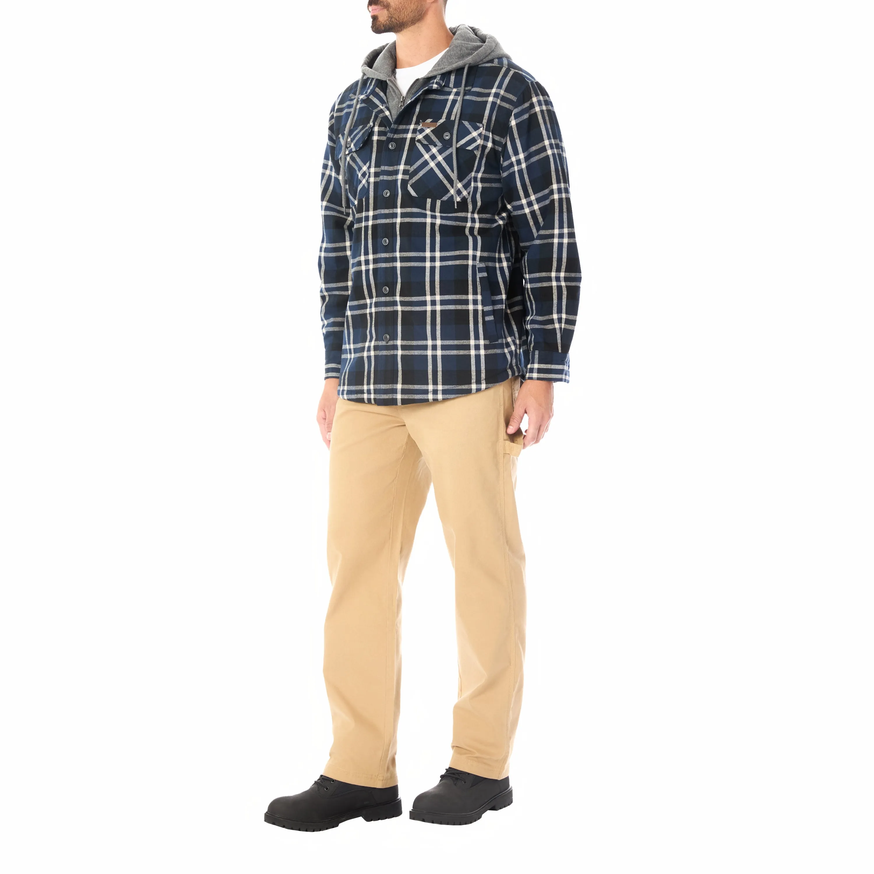 SHERPA LINED HOODED FLANNEL SHIRT JACKET WITH INSET