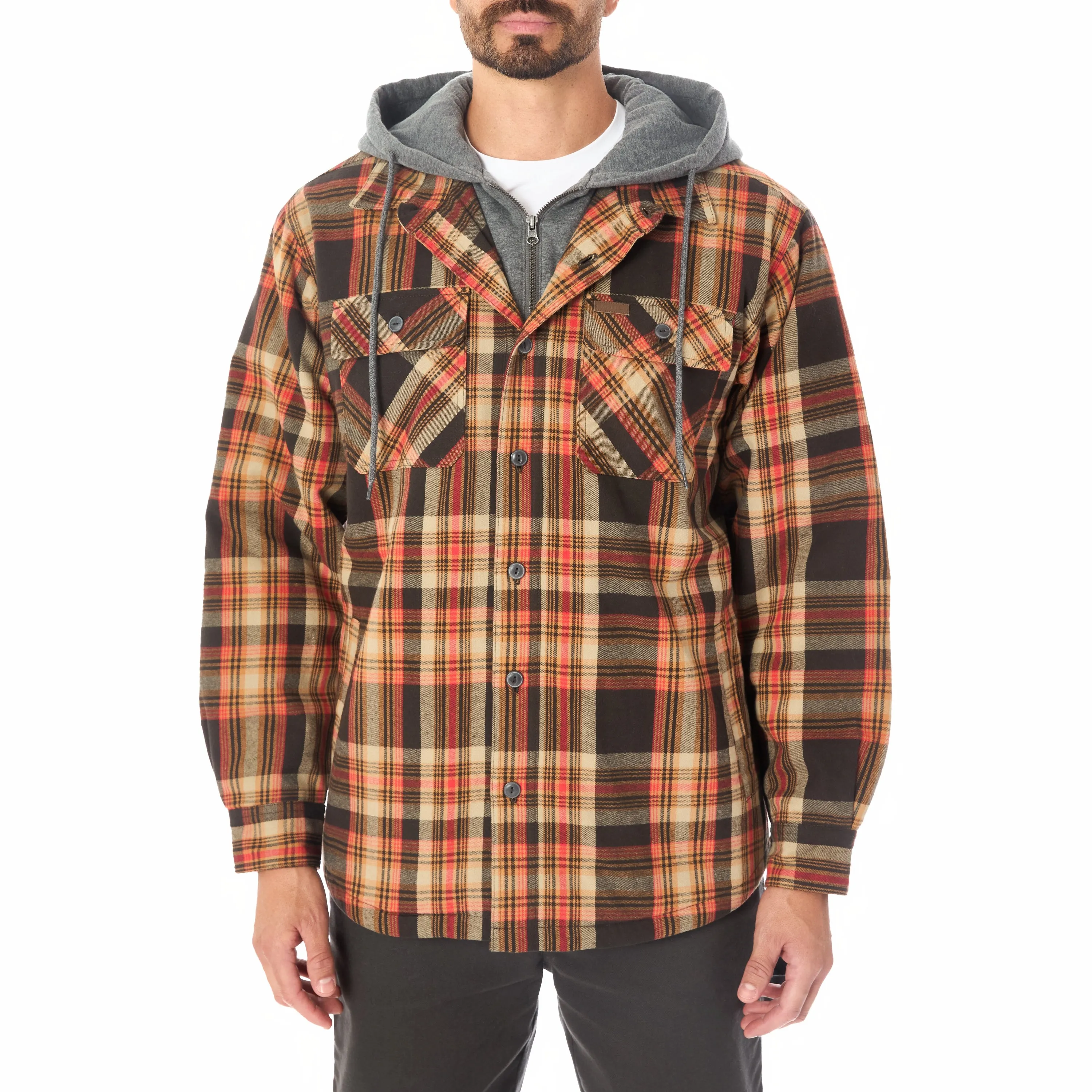 SHERPA LINED HOODED FLANNEL SHIRT JACKET WITH INSET