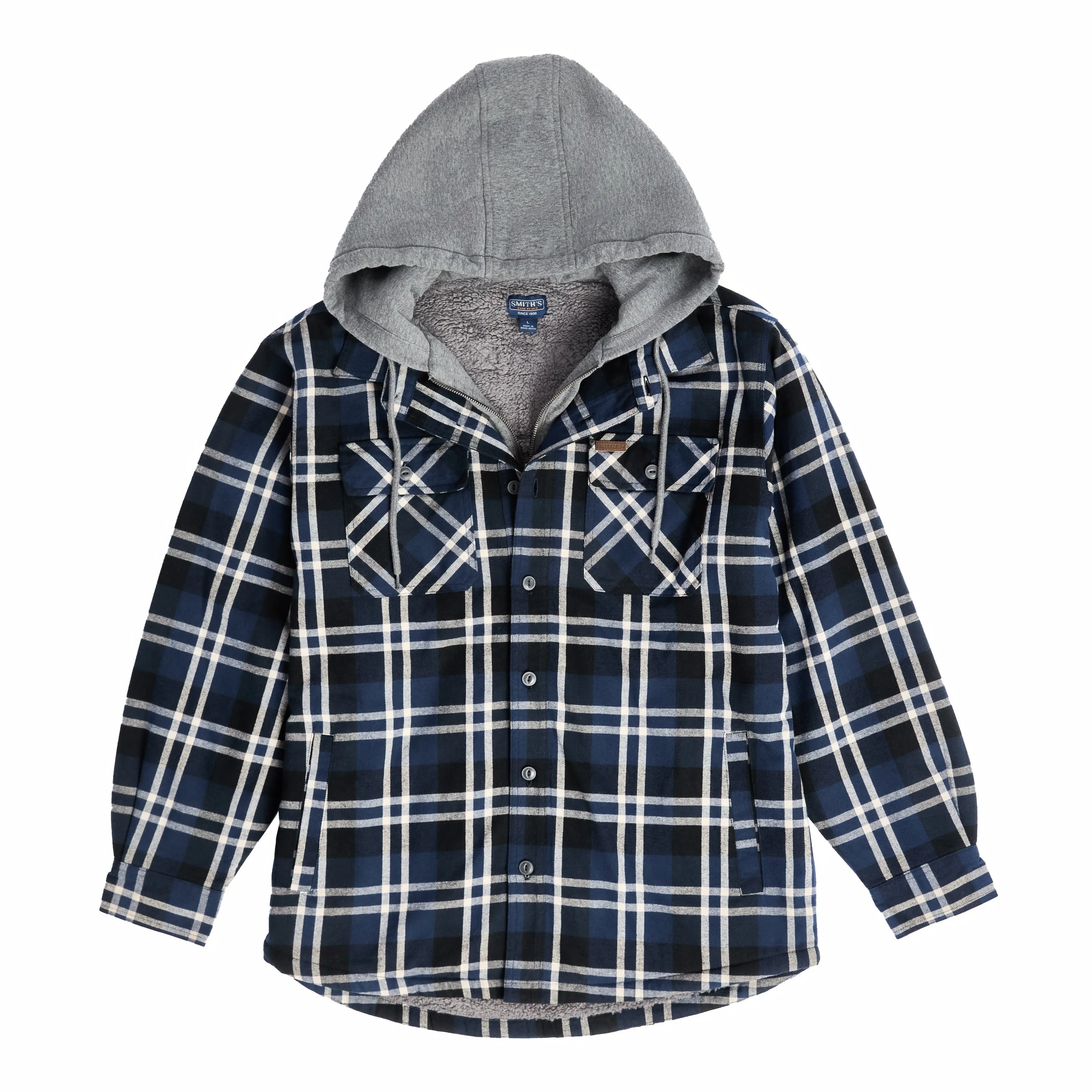 SHERPA LINED HOODED FLANNEL SHIRT JACKET WITH INSET