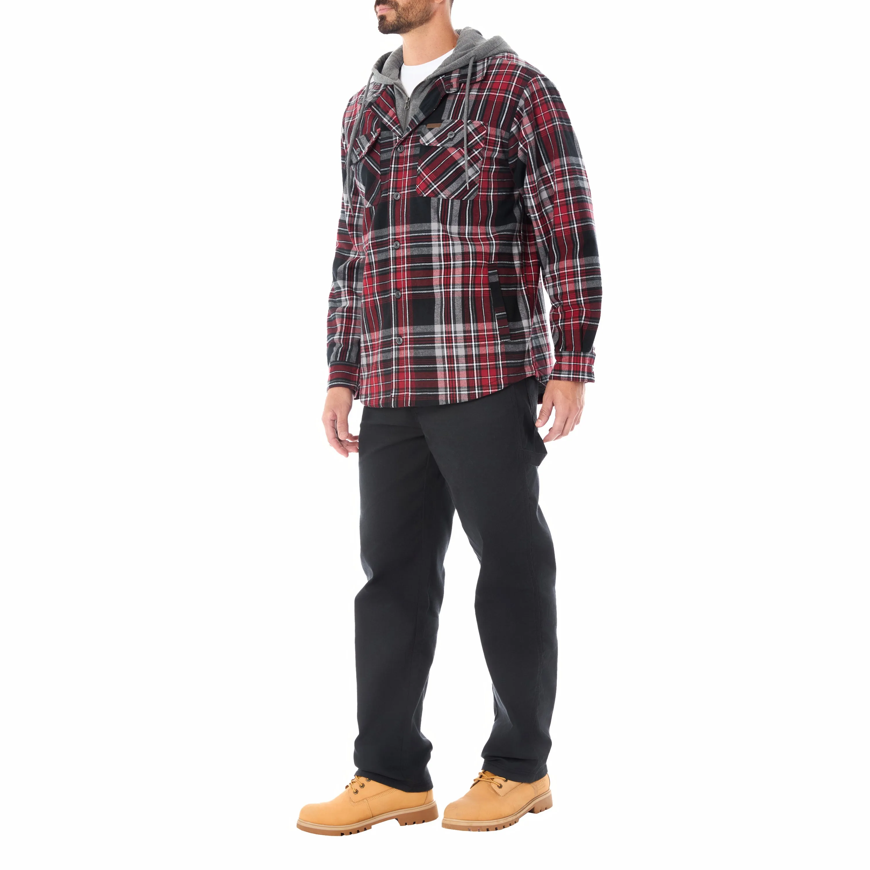 SHERPA LINED HOODED FLANNEL SHIRT JACKET WITH INSET