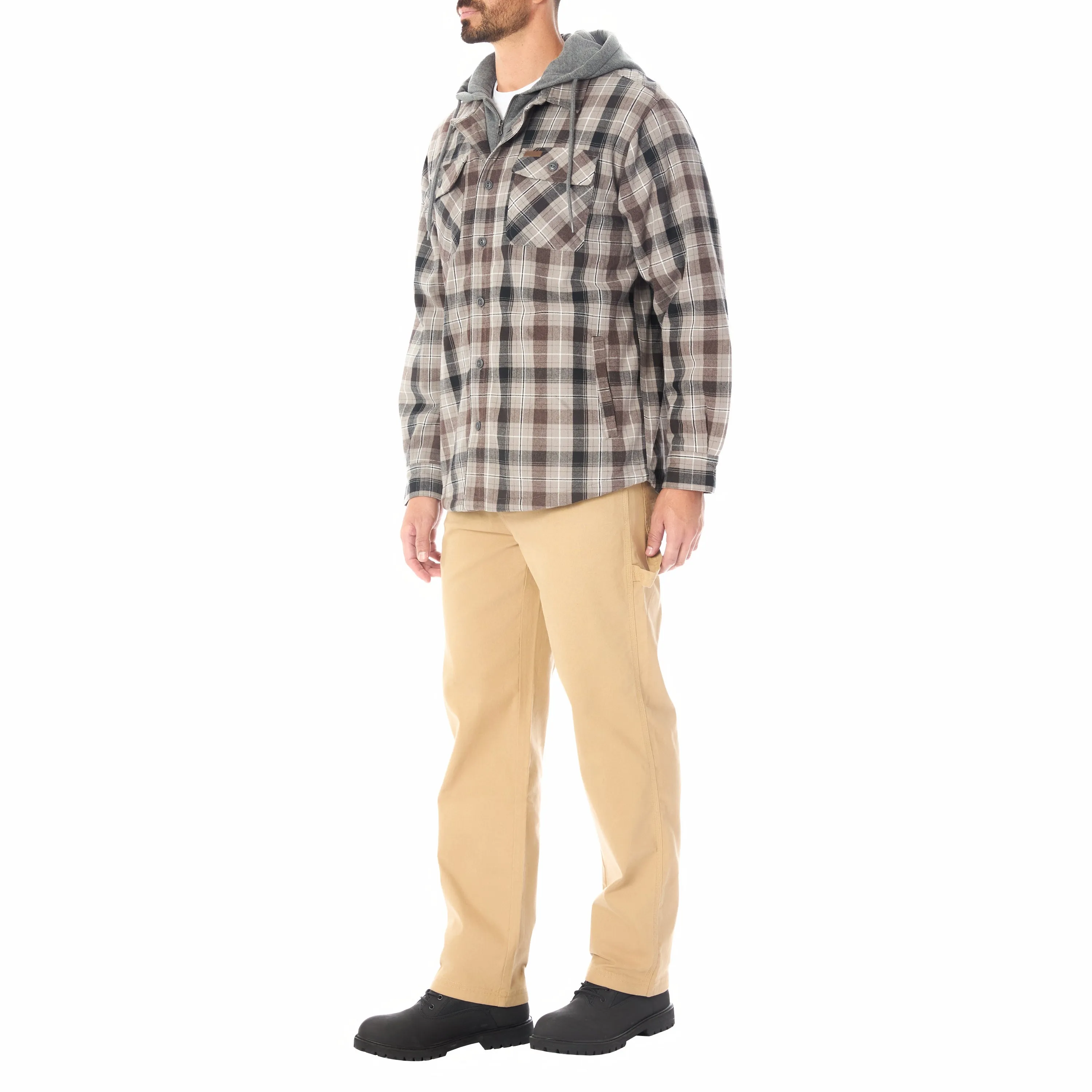 SHERPA LINED HOODED FLANNEL SHIRT JACKET WITH INSET