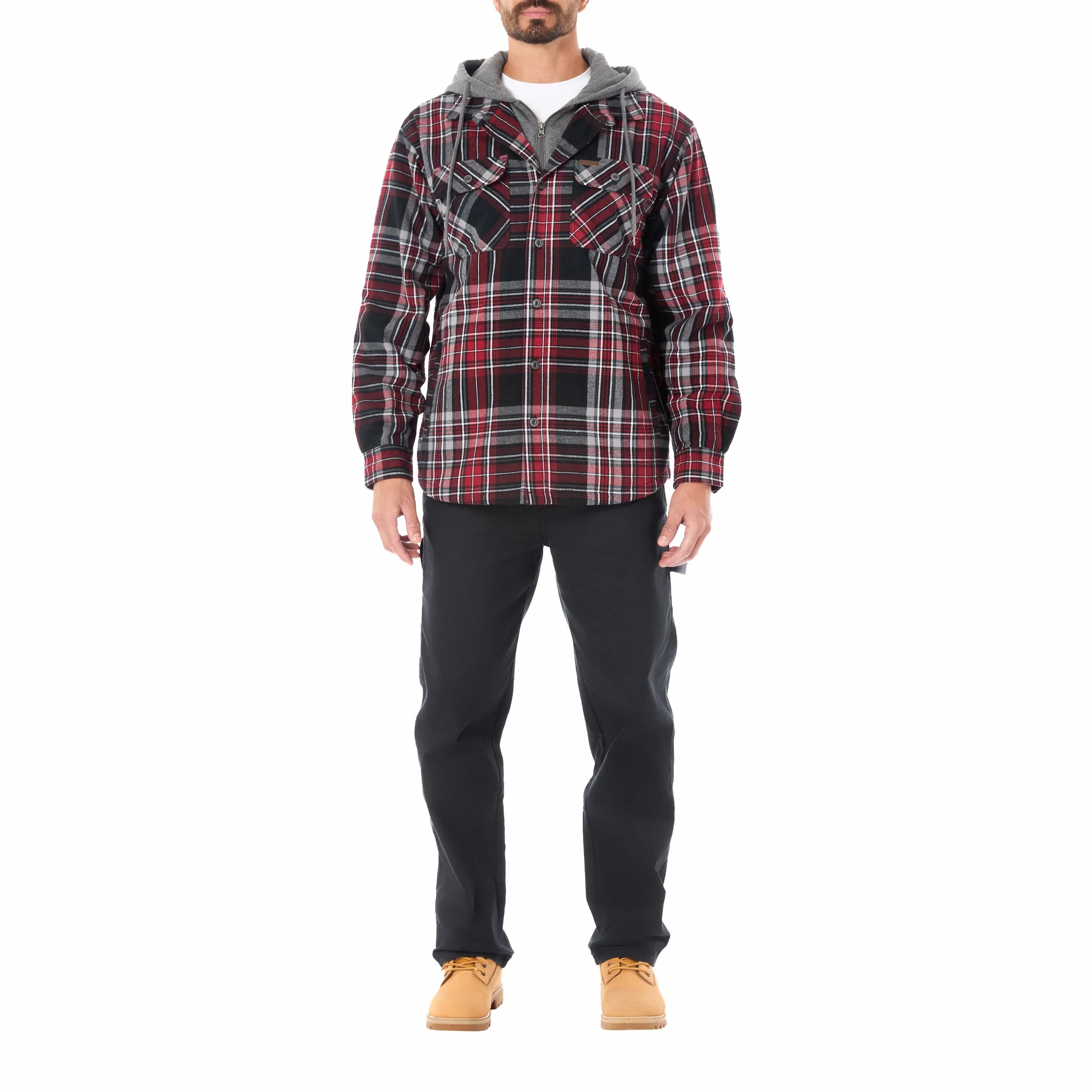 SHERPA LINED HOODED FLANNEL SHIRT JACKET WITH INSET