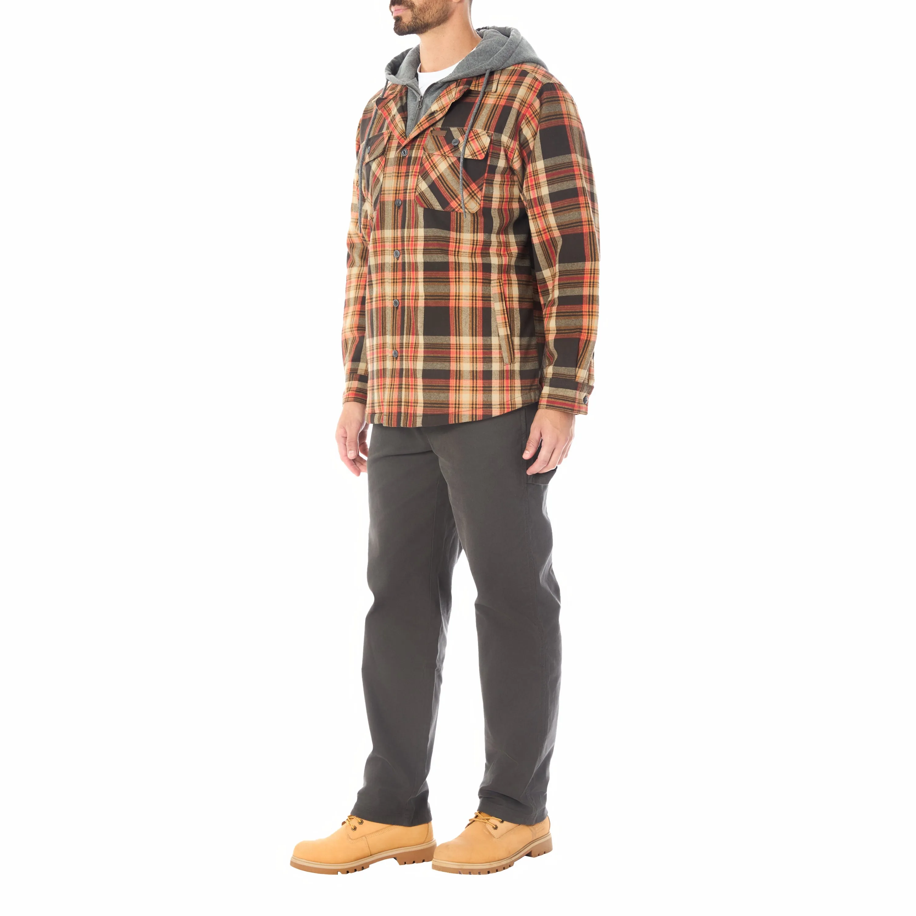 SHERPA LINED HOODED FLANNEL SHIRT JACKET WITH INSET