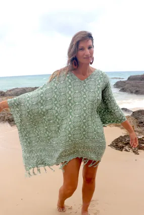 Short Kaftan With Tassels In Sage