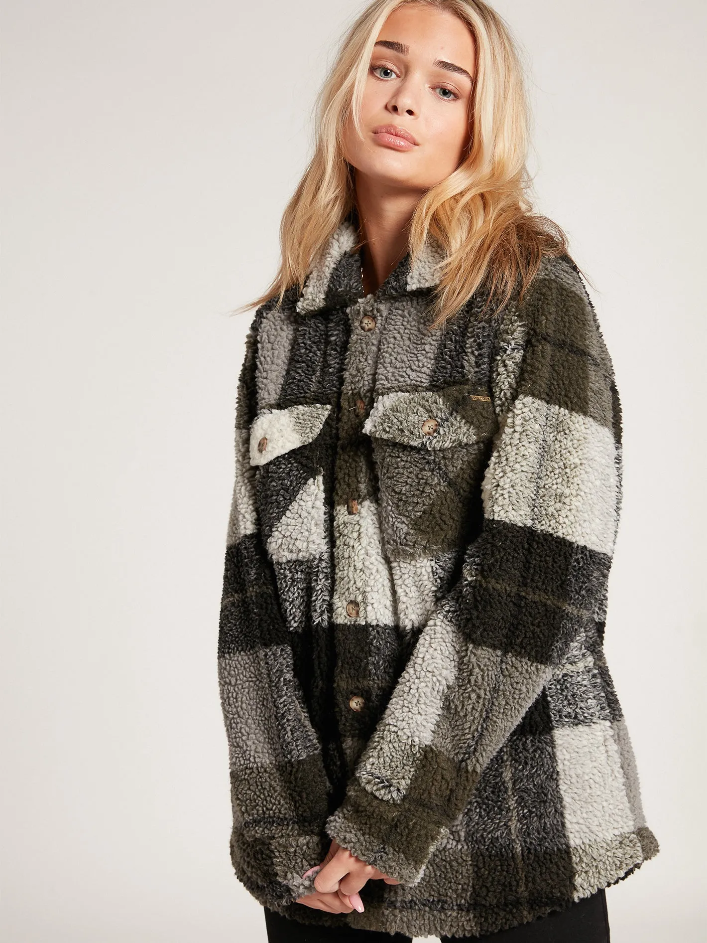 Silent Sherpa Plaid Jacket - Army Green Combo