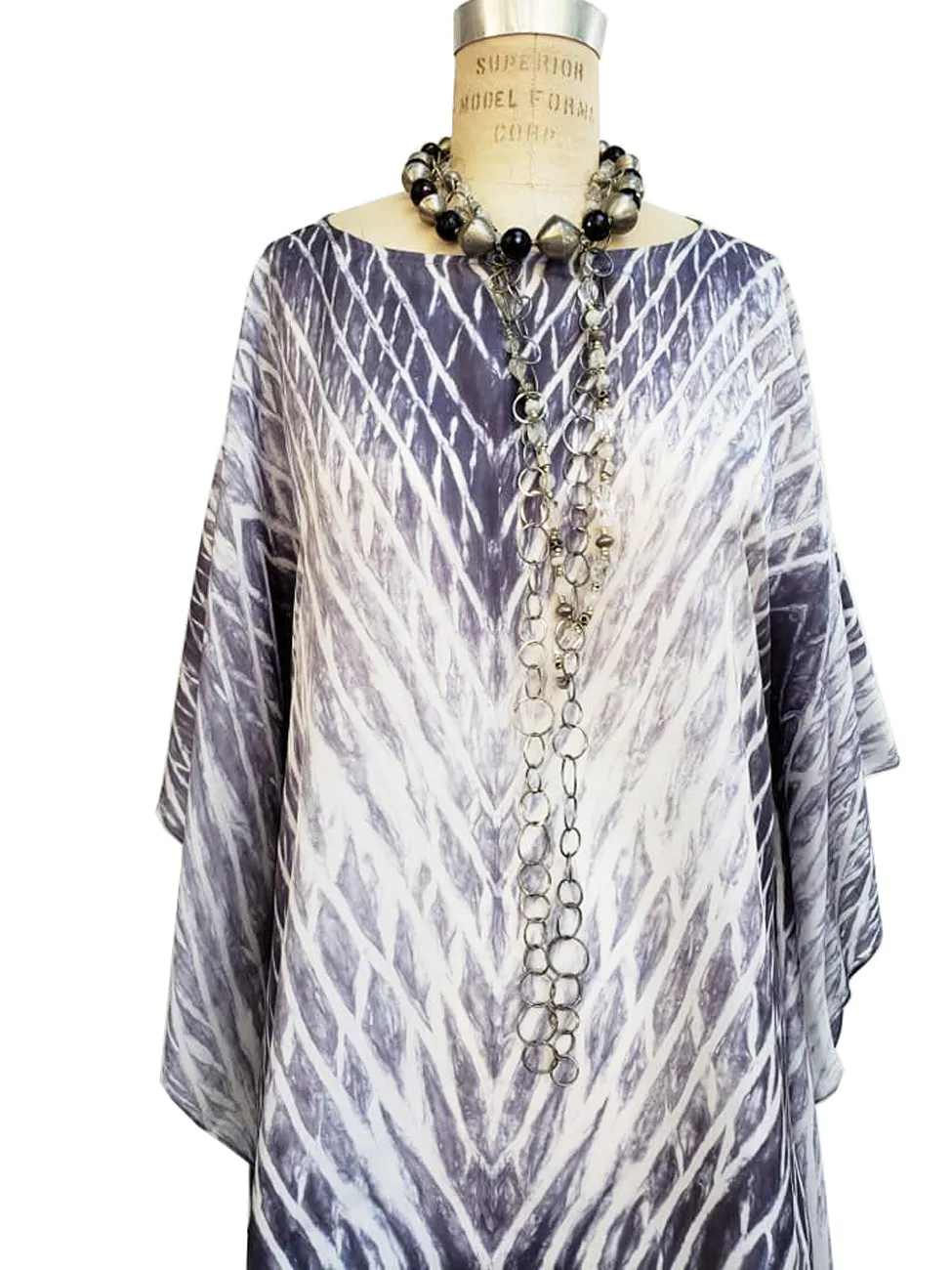 Silk Caftan Hand Painted Shibori Model 1 Black and White