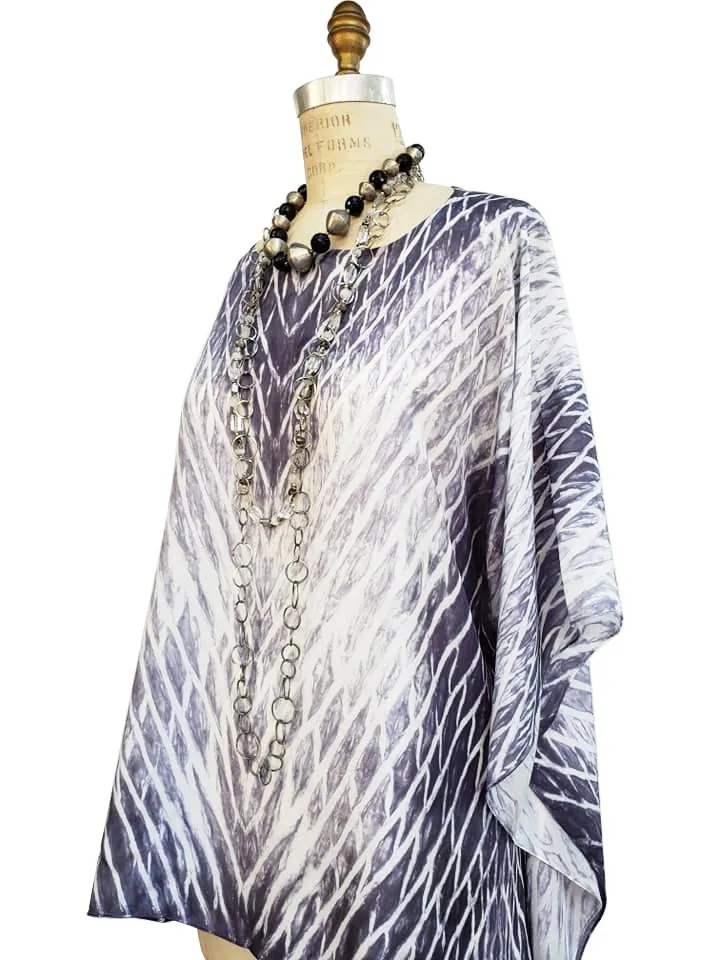 Silk Caftan Hand Painted Shibori Model 1 Black and White