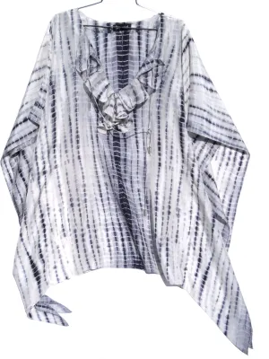 Silk Caftan Tunic With Ruffle Black And White Shibori