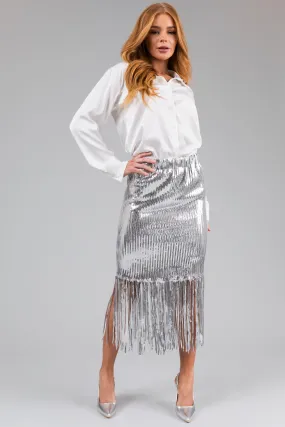 Silver Sequin Fringe Hemline Midi Skirt