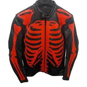 Skeleton Bones Red on Black Leather Jacket