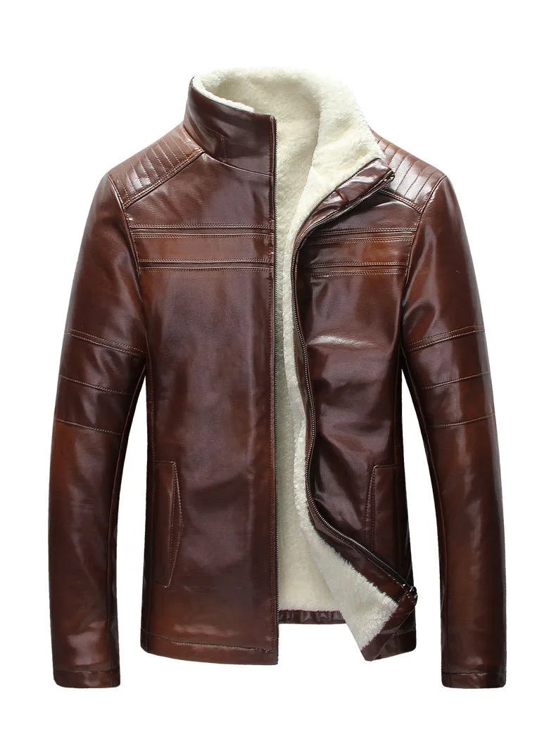 Ski Lodge Stand Collar Brown Leather Jacket