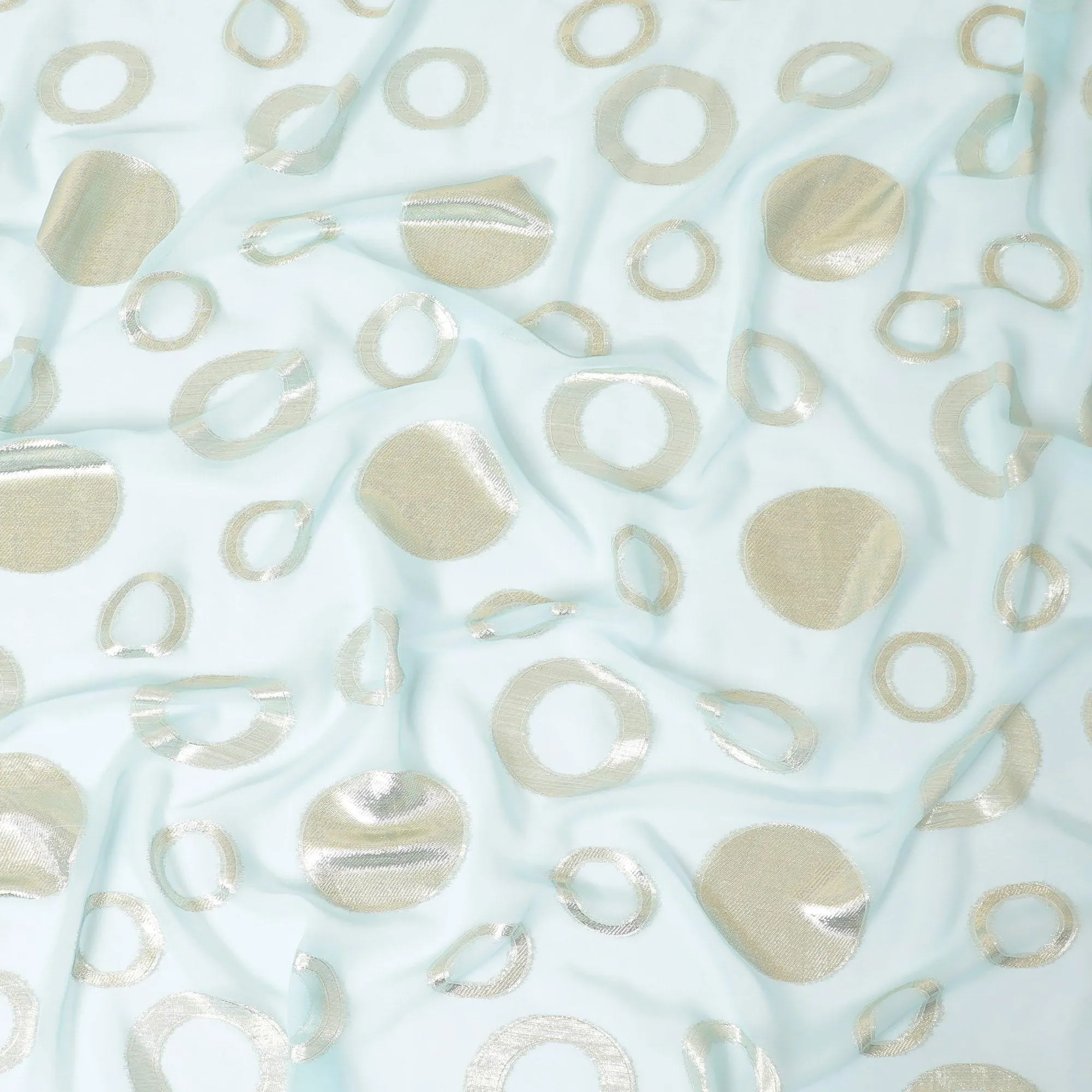 Sky blue synthetic chiffon fabric with gold metallic lurex in Abstract design-D8422