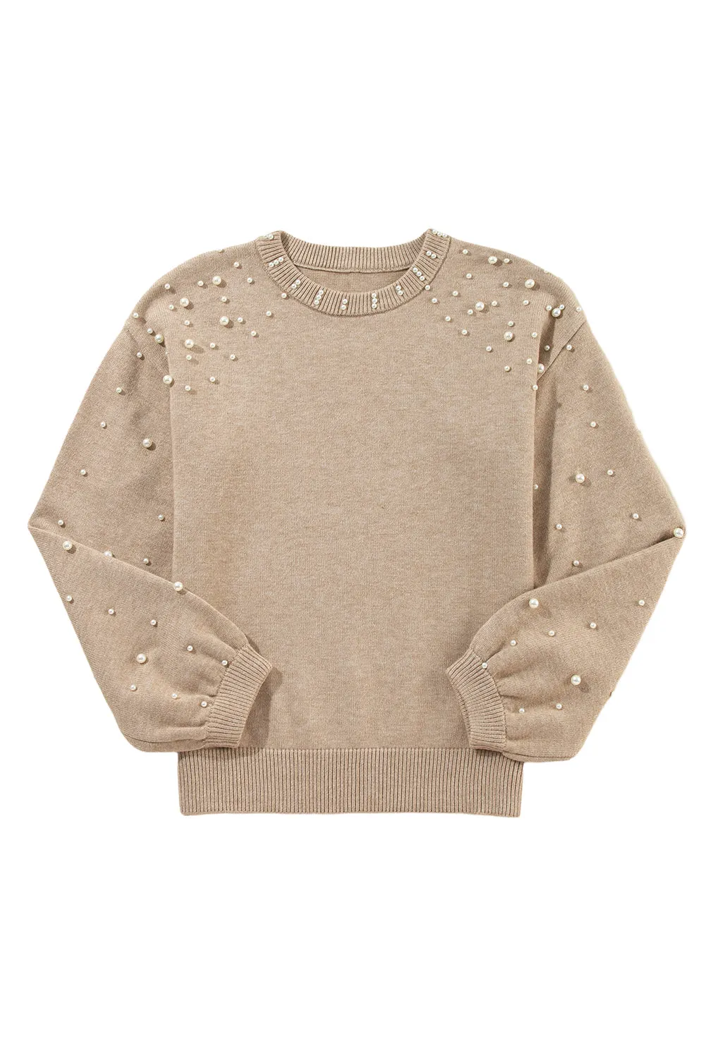 Smoke Gray Pearl Drop Shoulder Round Neck Sweater