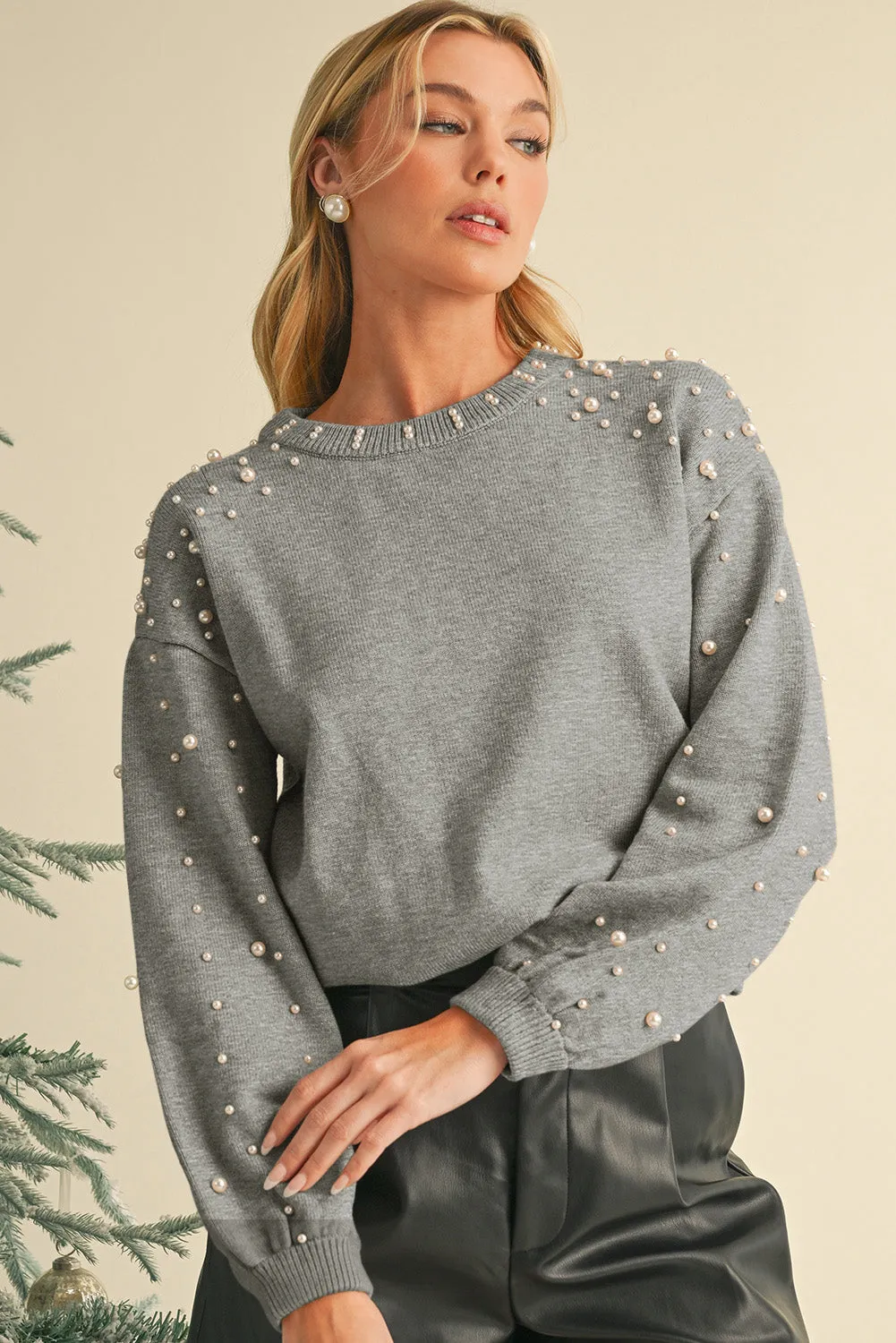 Smoke Gray Pearl Drop Shoulder Round Neck Sweater