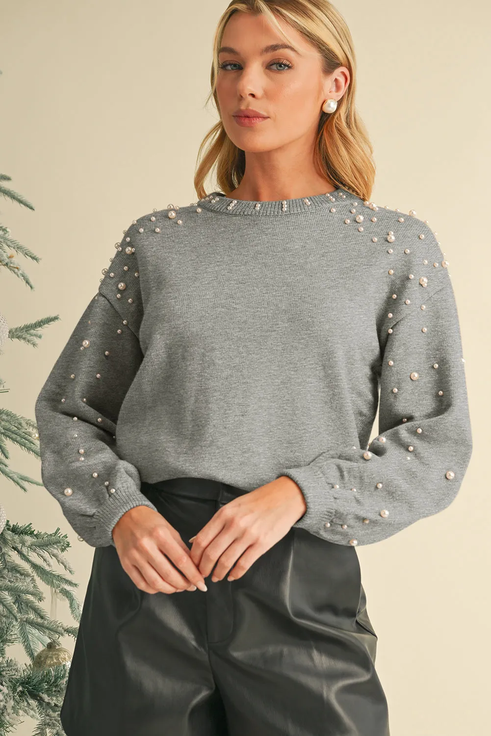 Smoke Gray Pearl Drop Shoulder Round Neck Sweater