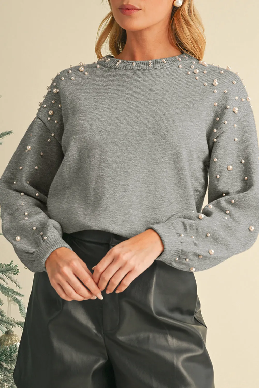 Smoke Gray Pearl Drop Shoulder Round Neck Sweater