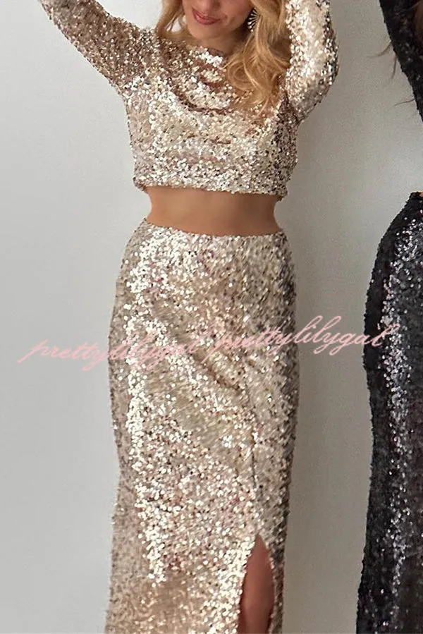 Solid Sequined Long-sleeved Crop Top and Sexy Slit Midi Skirt Set