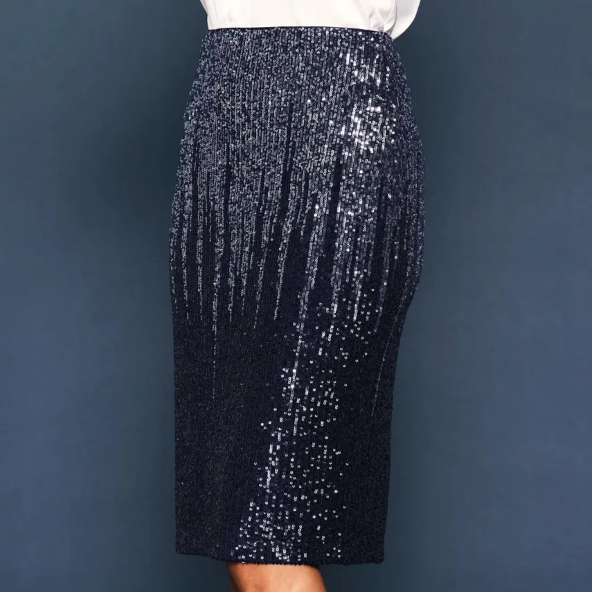 Starfly Silver & Navy Ombre Sequined Midi Skirt