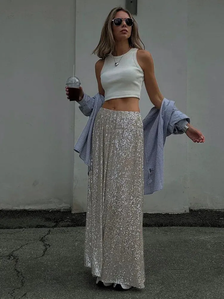 Suninheart Summer Elegant Midi Sequins Women Skirt 2023 Casual Skirts Long Fashion Women Clothing Streetwear Classic Skirt