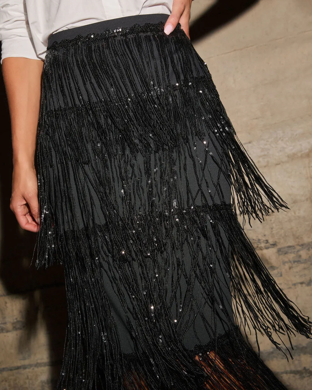 Tazzy Sequin Fringe Midi Skirt