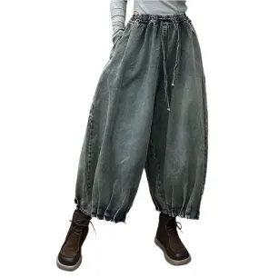 TEEK - Ethnic Elastic Waist Loose Denim Wide Leg Pants