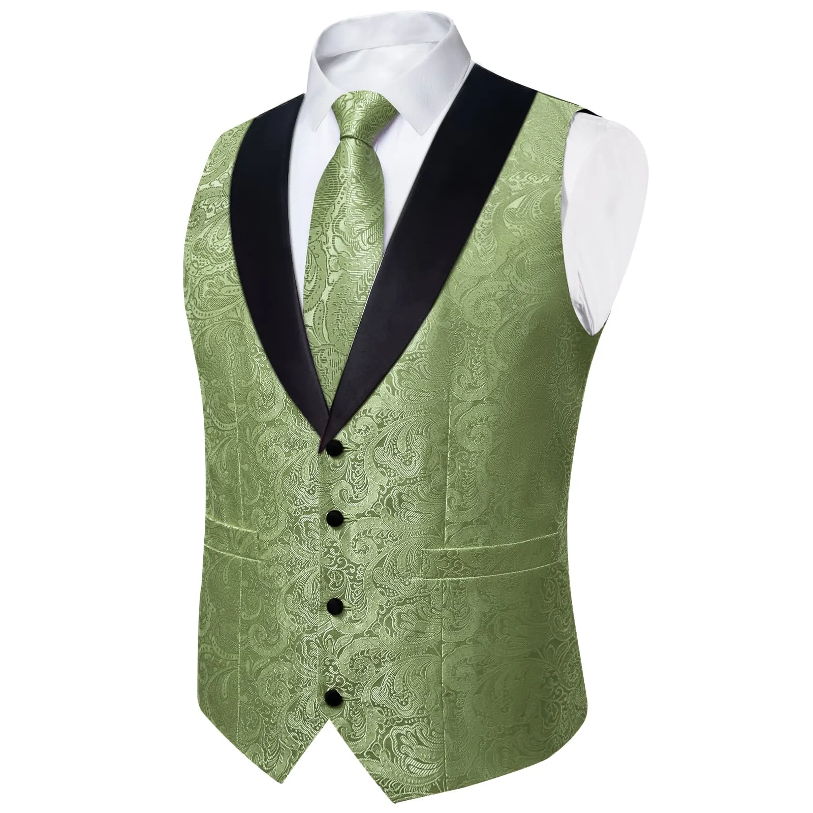 Ties2you Dress Vest Sage Green Floral Shawl Collar Silk Mens Waistcoat Tie Set