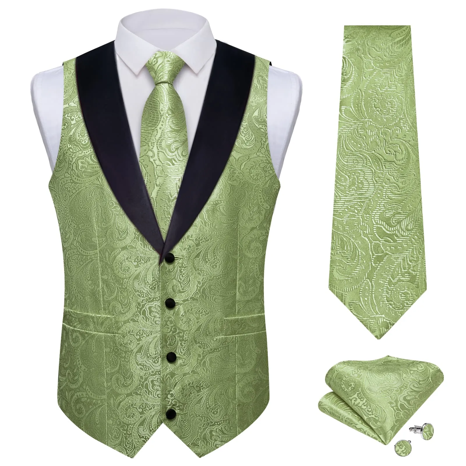 Ties2you Dress Vest Sage Green Floral Shawl Collar Silk Mens Waistcoat Tie Set