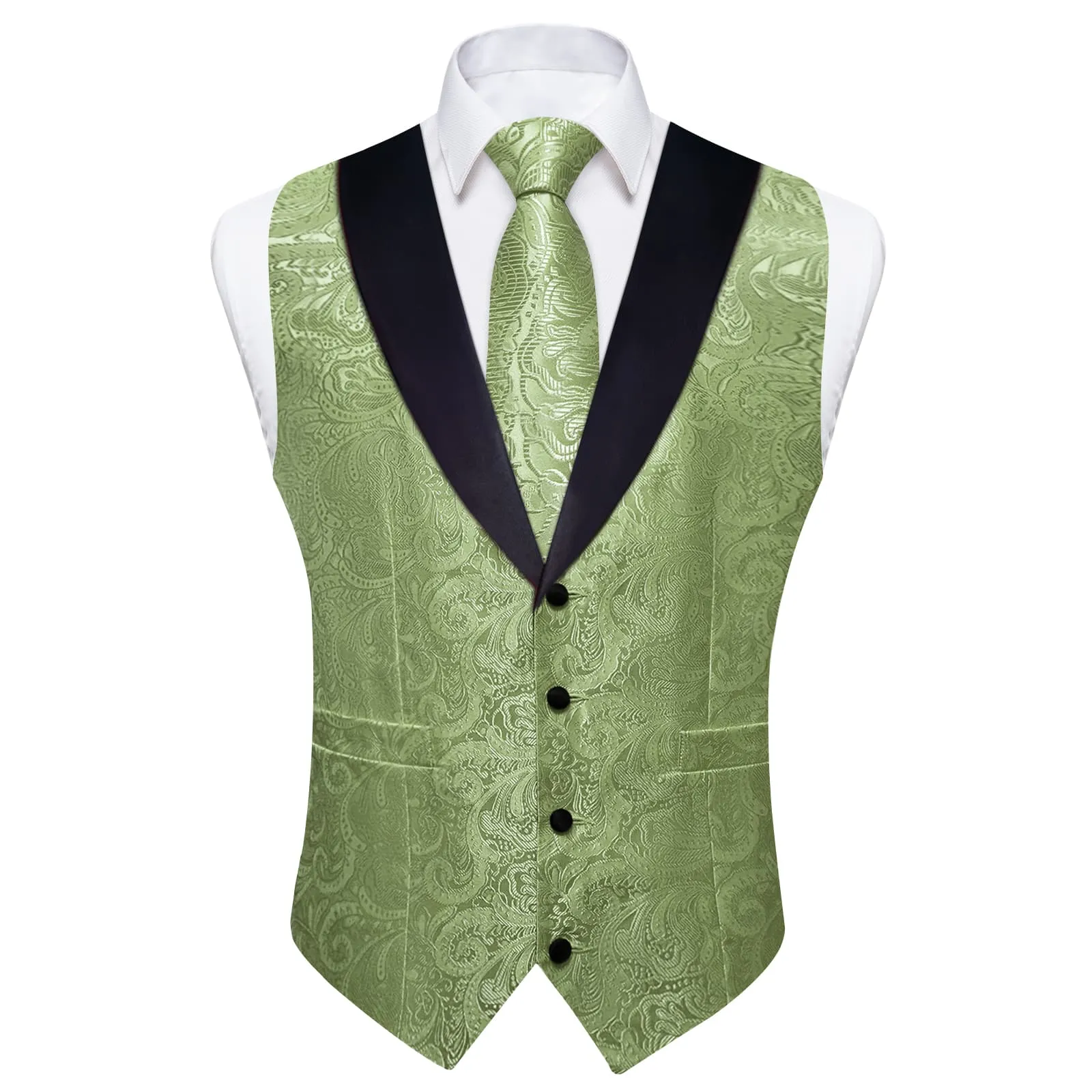 Ties2you Dress Vest Sage Green Floral Shawl Collar Silk Mens Waistcoat Tie Set