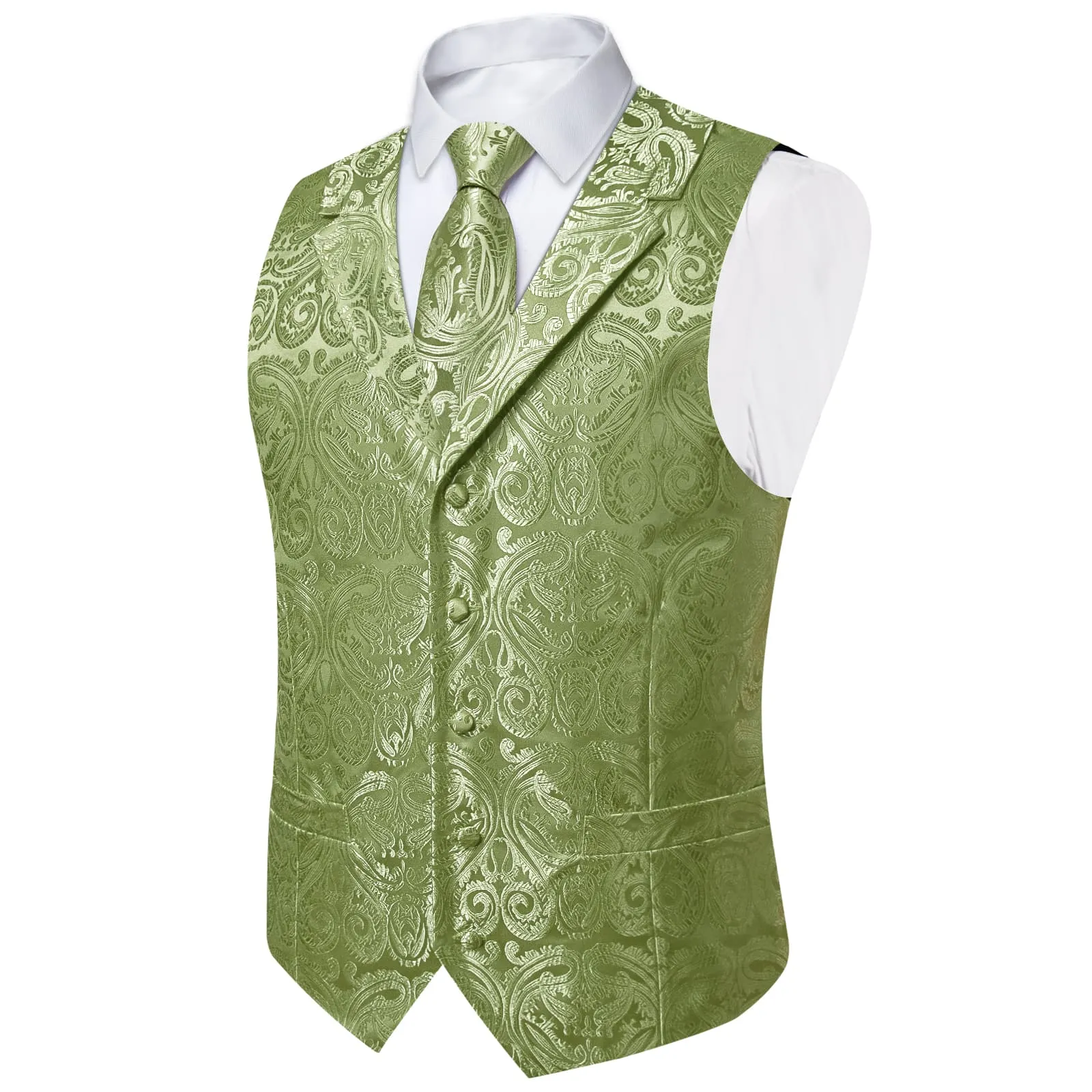 Ties2you Dress Vest Sage Green Paisley Notched Collar Silk Mens Work Vest Tie Set