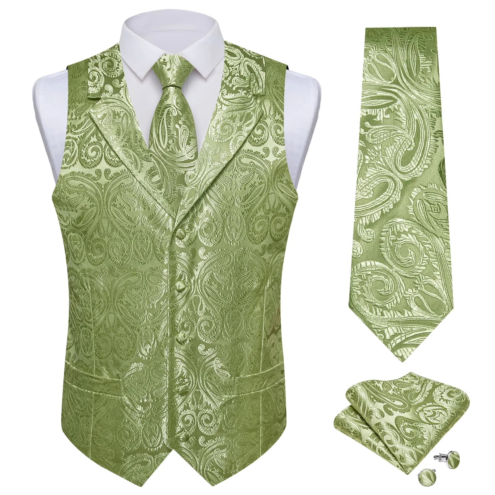 Ties2you Dress Vest Sage Green Paisley Notched Collar Silk Mens Work Vest Tie Set