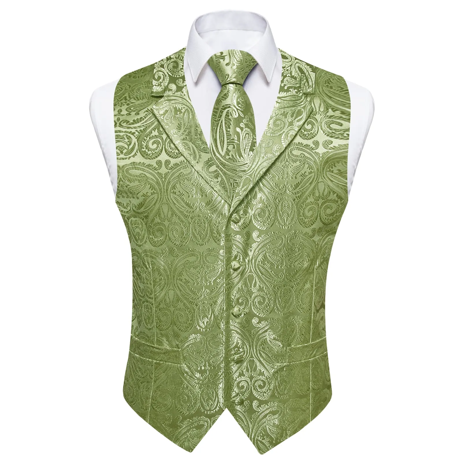 Ties2you Dress Vest Sage Green Paisley Notched Collar Silk Mens Work Vest Tie Set