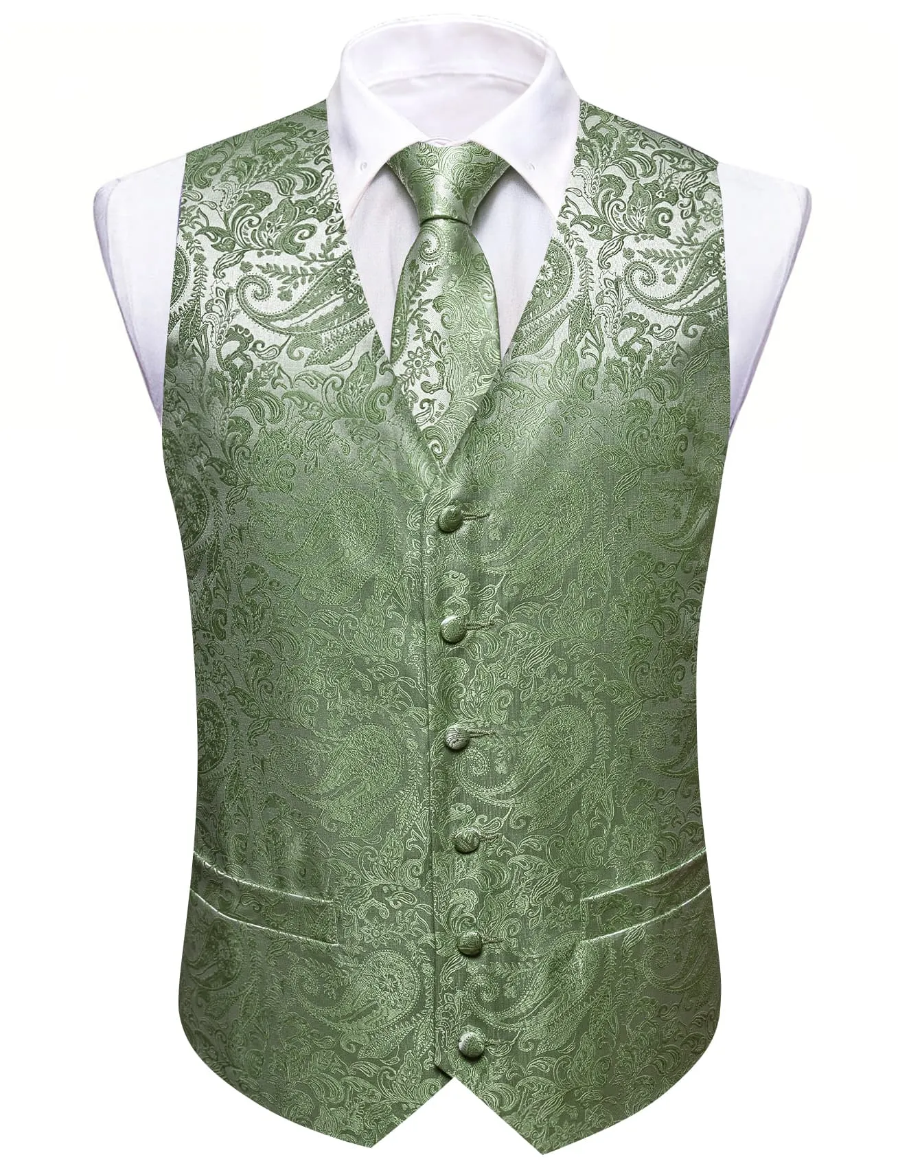 Ties2you Vest for Men Sage Green Paisley Silk Button Dress Vest Tie Pocket Square Cufflinks Set