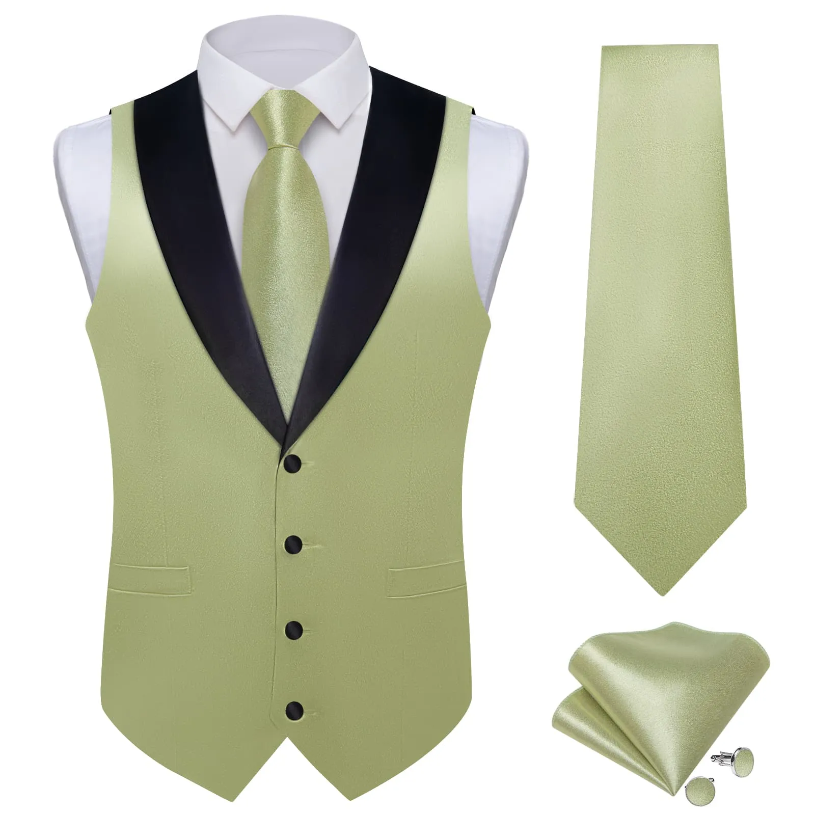 Ties2you Work Vest Shining Sage Green Solid Shawl Collar Silk Mens Vest Tie Set Fashion