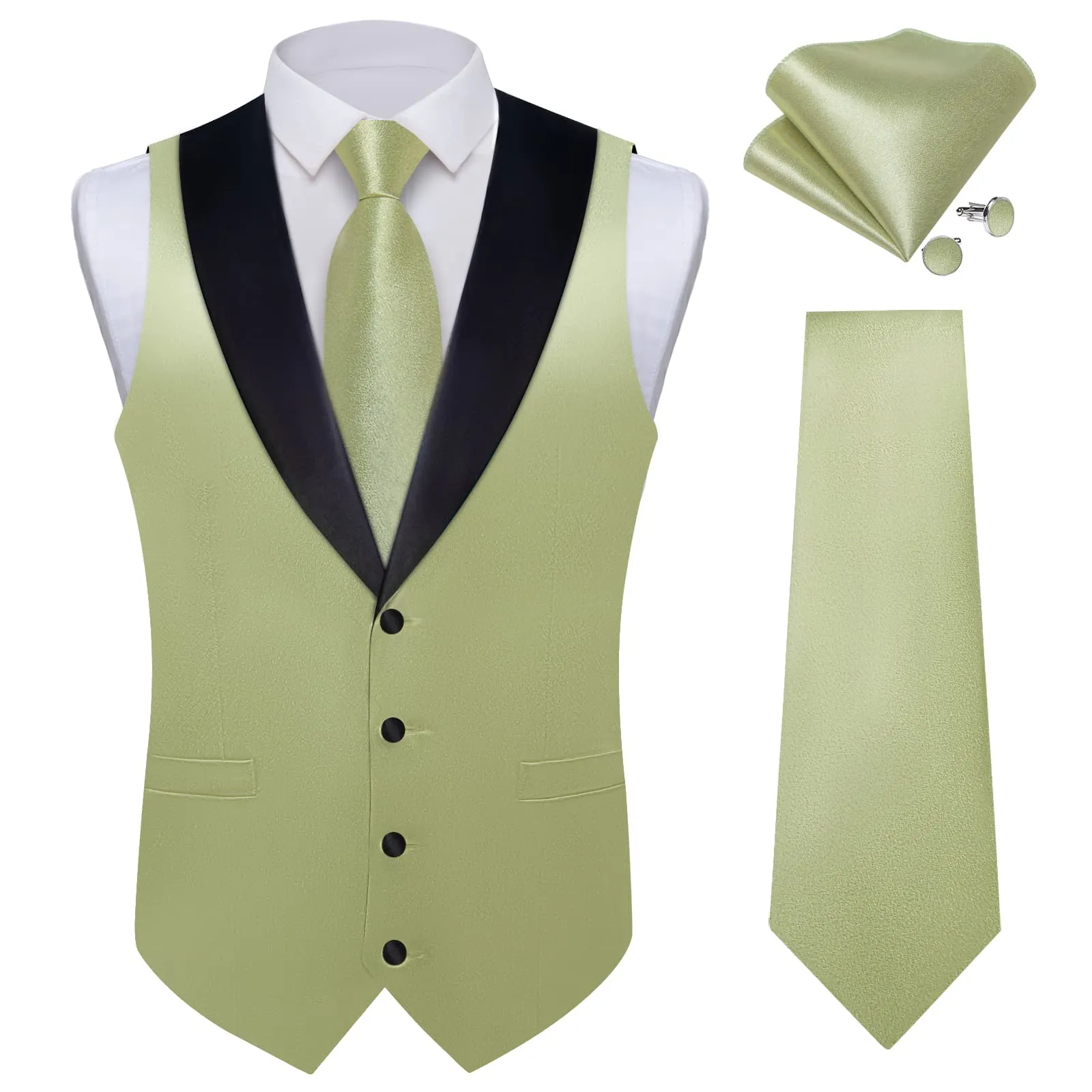 Ties2you Work Vest Shining Sage Green Solid Shawl Collar Silk Mens Vest Tie Set Fashion