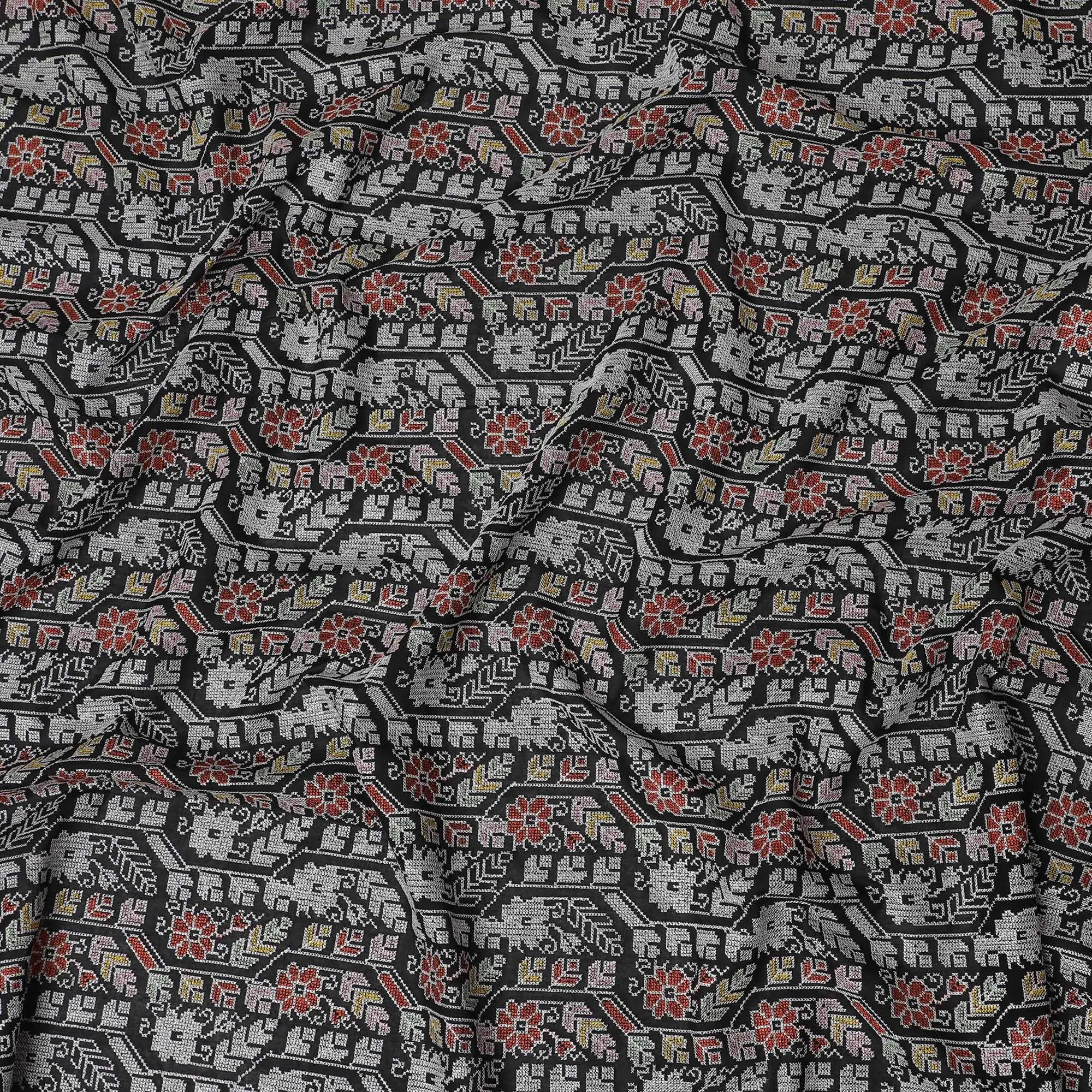 Traditional Indian Block-Print Style Cotton Voile Fabric - Artistic Elephant & Floral Motifs, 110 cm Wide - Shop Online-D18124