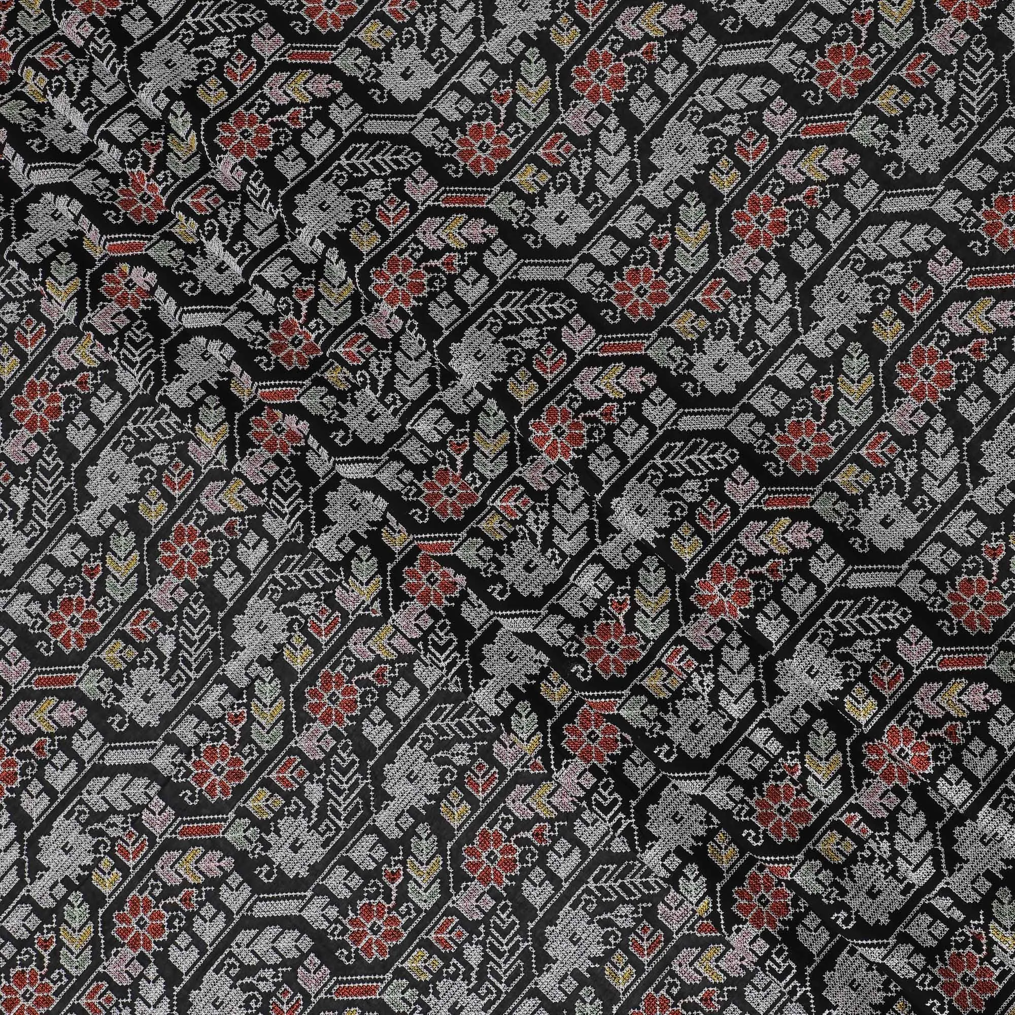 Traditional Indian Block-Print Style Cotton Voile Fabric - Artistic Elephant & Floral Motifs, 110 cm Wide - Shop Online-D18124