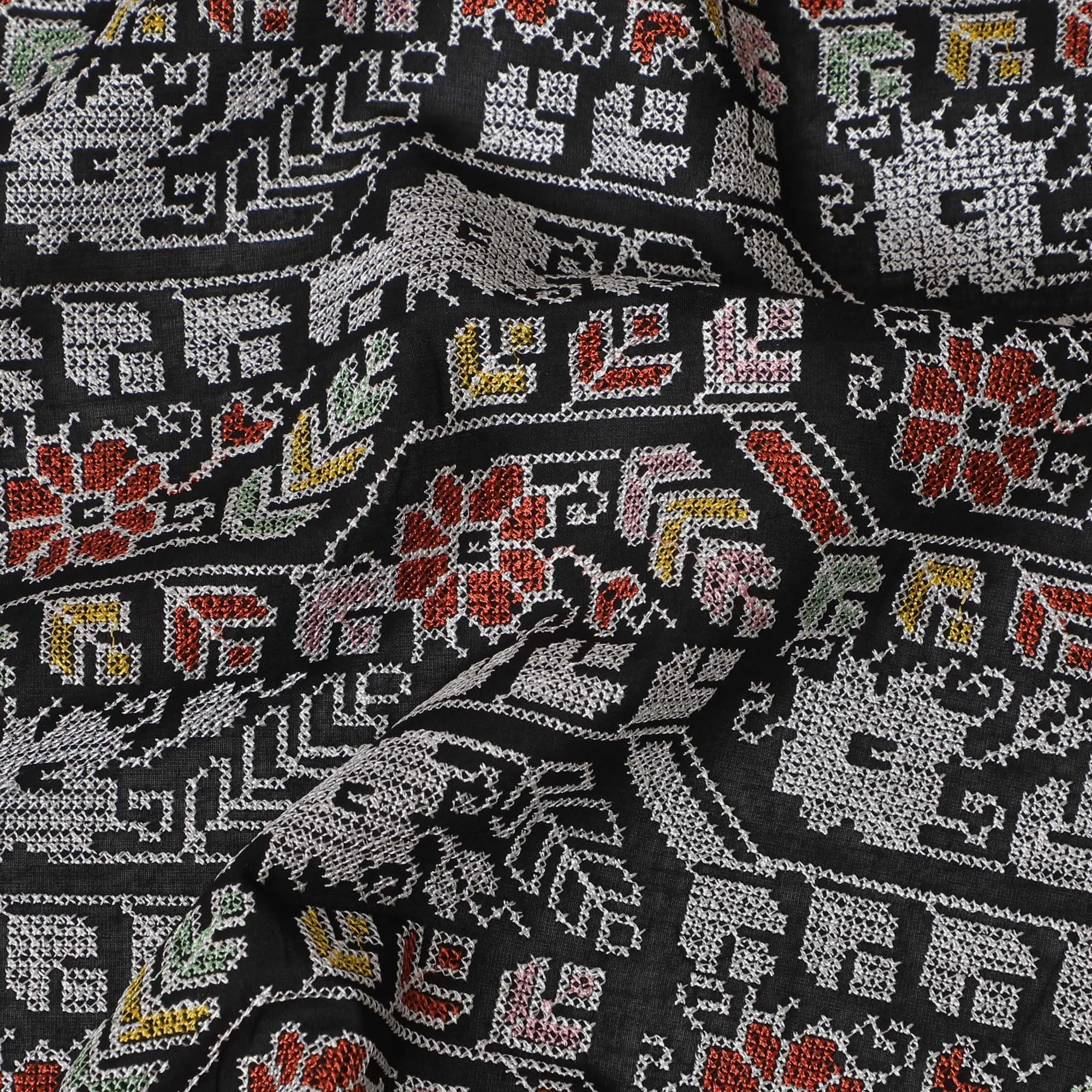 Traditional Indian Block-Print Style Cotton Voile Fabric - Artistic Elephant & Floral Motifs, 110 cm Wide - Shop Online-D18124