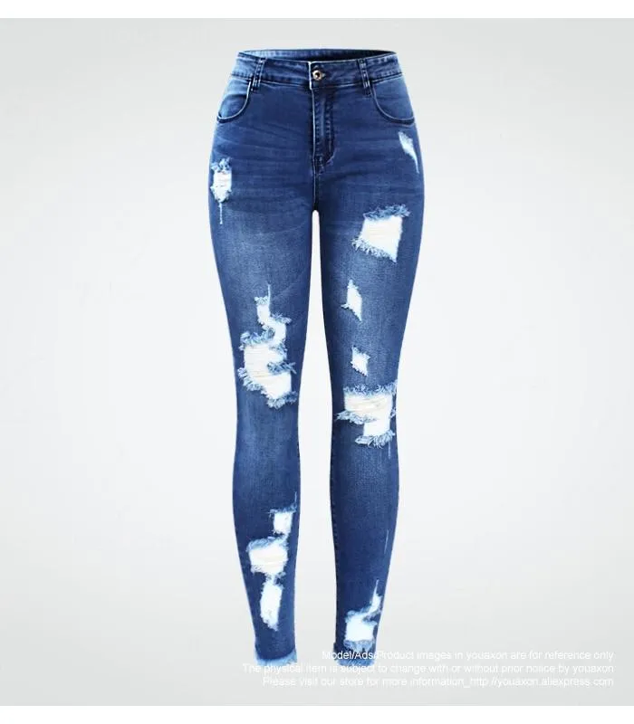 Ultra Stretchy Blue Tassel Ripped  Denim Pants Pencil Skinny Jeans