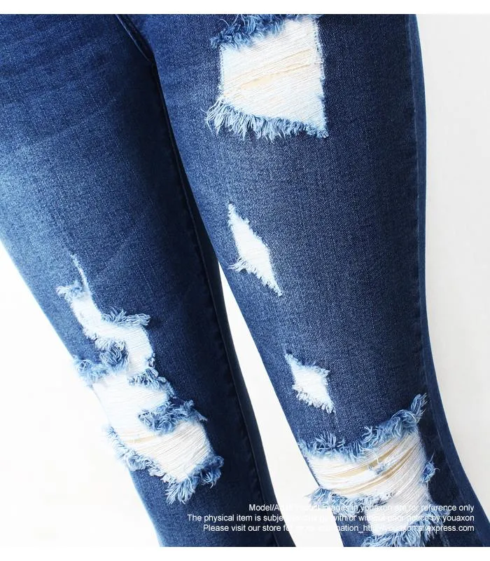 Ultra Stretchy Blue Tassel Ripped  Denim Pants Pencil Skinny Jeans