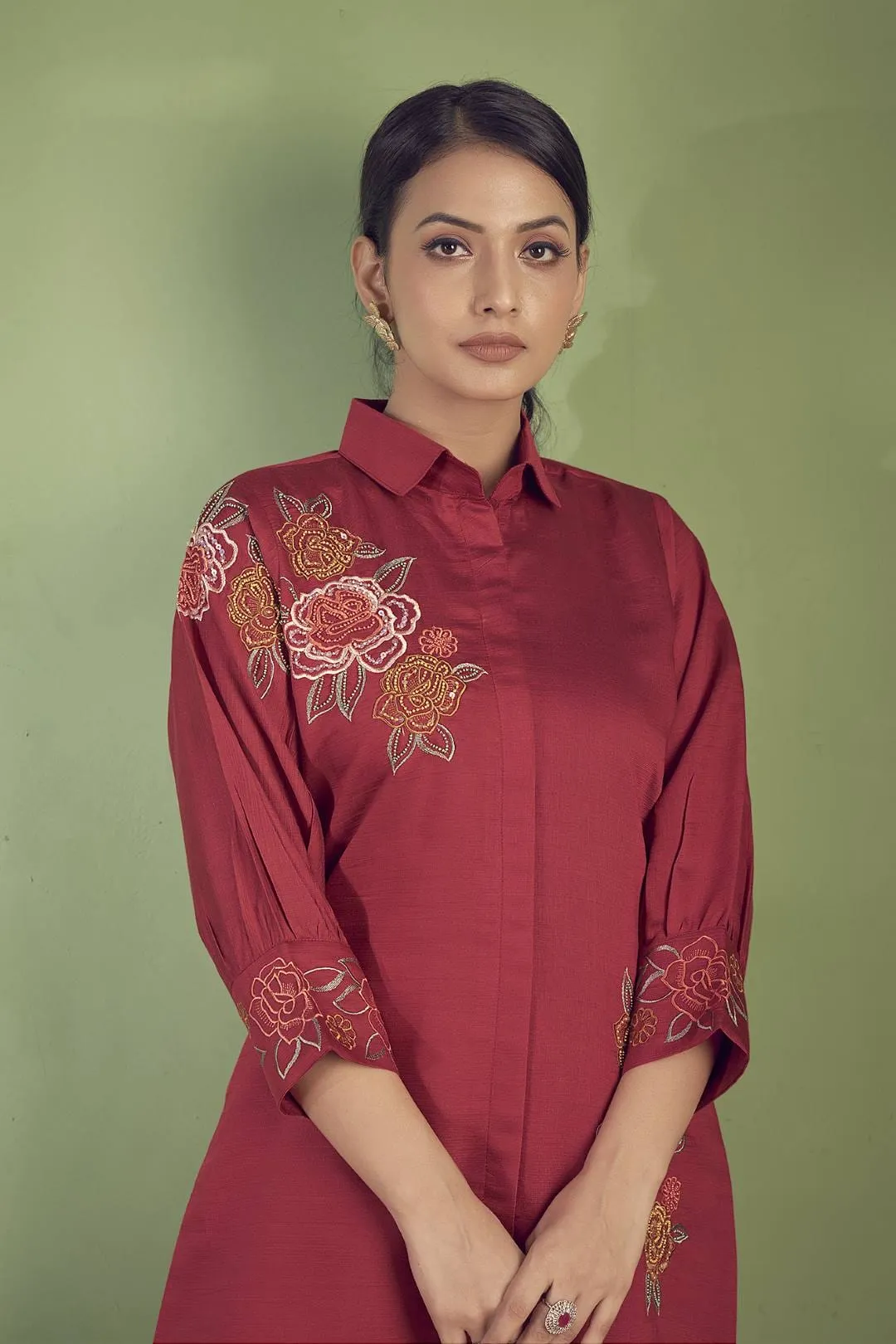 Varanga Women  Orange Embroidered  Shirt  Collar  Placement Design Short Kurta, Paired With   Embroidered  Scallop   Bottom