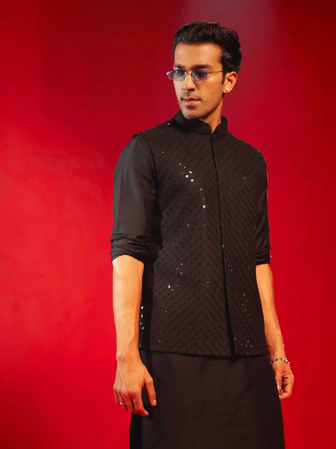 VASTRAMAY Black Rayon Sequined Nehru Jacket