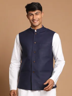 VASTRAMAY  Navy Blue Cotton Blend Nehru Jacket