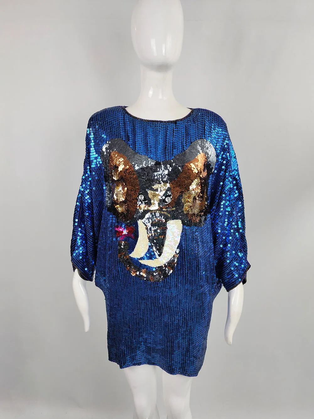 Vintage Blue Sequin Elephant Batwing Mini Dress/ Tunic Top, 1980s