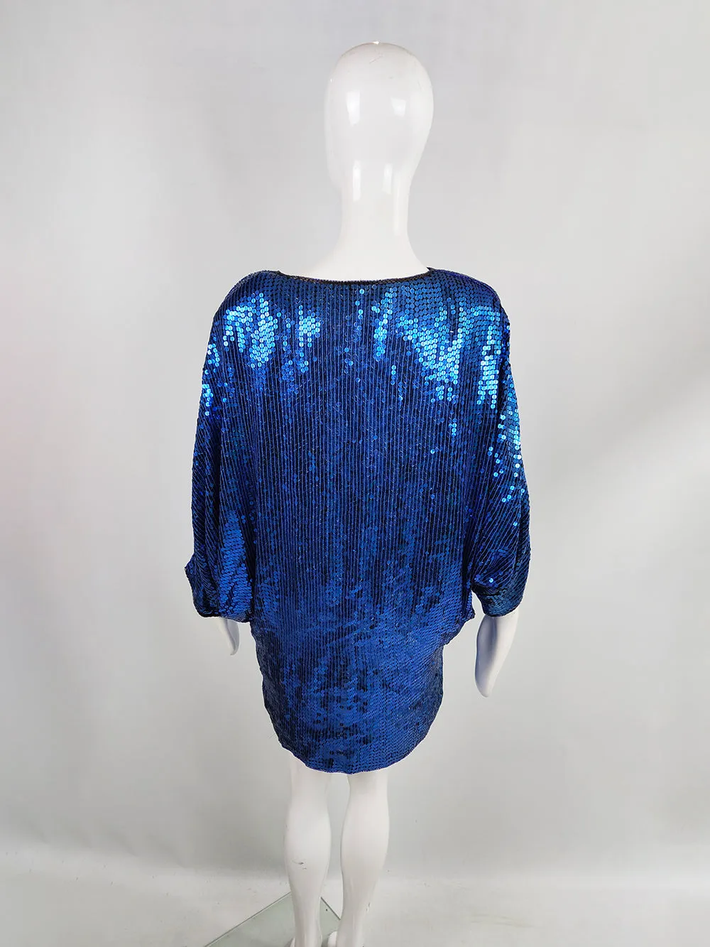 Vintage Blue Sequin Elephant Batwing Mini Dress/ Tunic Top, 1980s