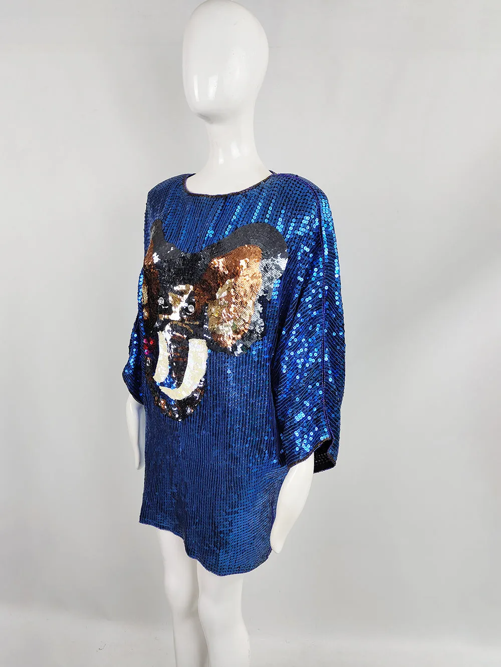 Vintage Blue Sequin Elephant Batwing Mini Dress/ Tunic Top, 1980s