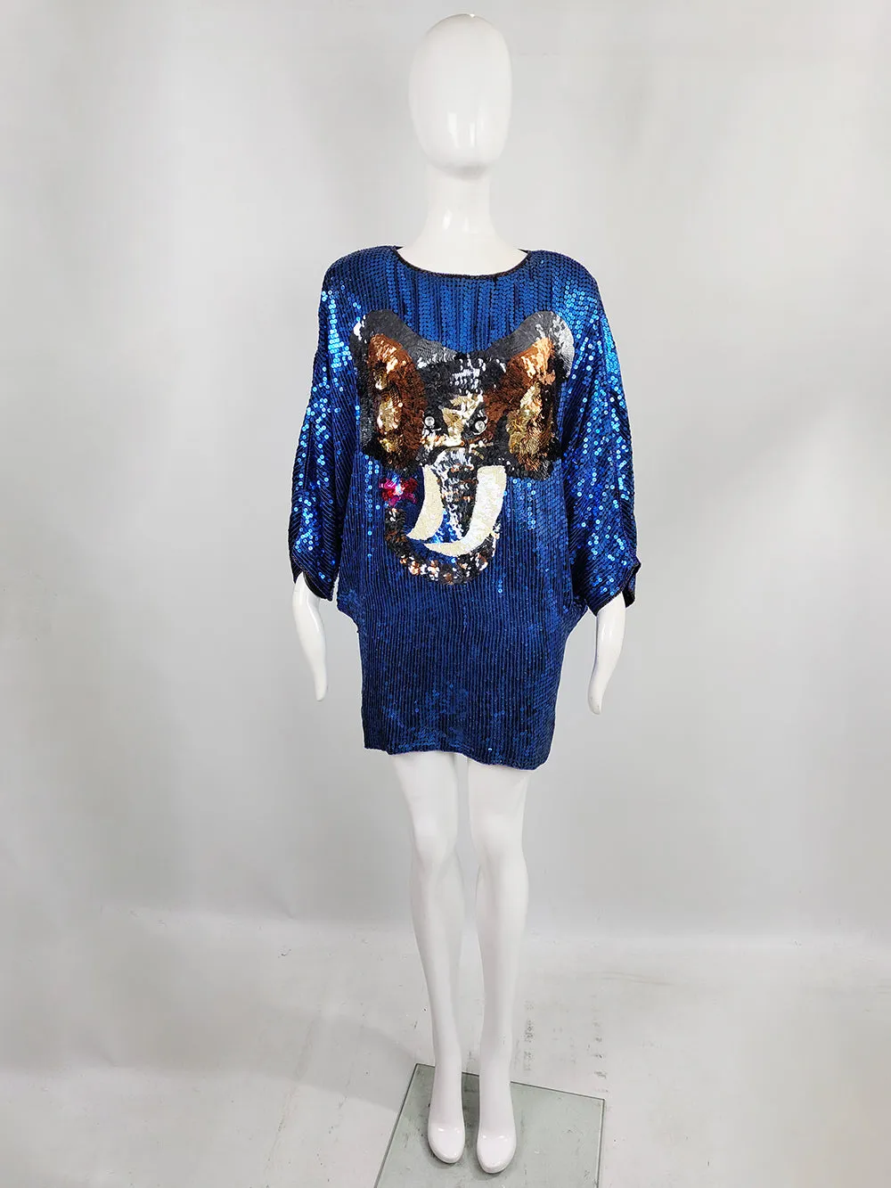 Vintage Blue Sequin Elephant Batwing Mini Dress/ Tunic Top, 1980s