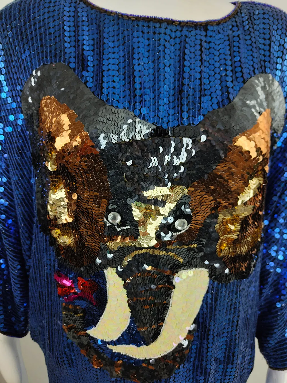 Vintage Blue Sequin Elephant Batwing Mini Dress/ Tunic Top, 1980s