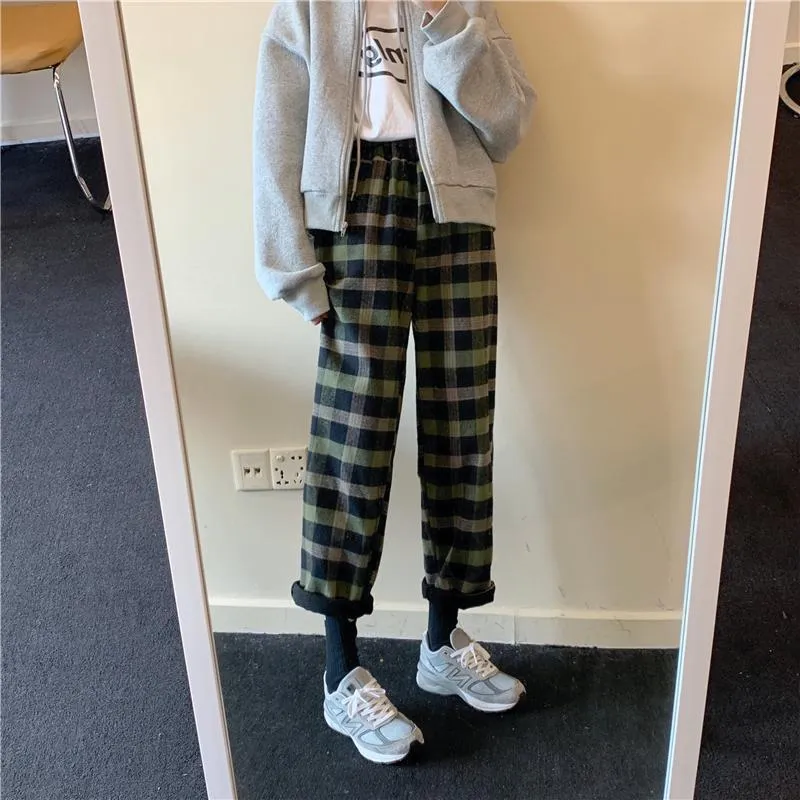 Warm Plaid Elastic Waist Loose Pants Plus Velvet